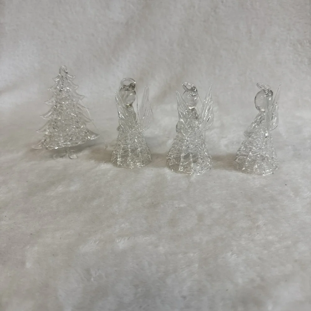 Vintage Spun Glass Angel (3) Christmas Tree (1)‎ Ornaments Lot Of 4 Clear Glass